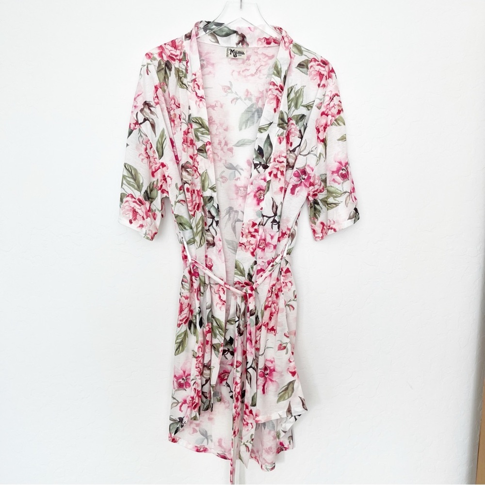 Show Me Your MuMu Robe Kimono White with Pink floral print One Size - Picture 3 of 11